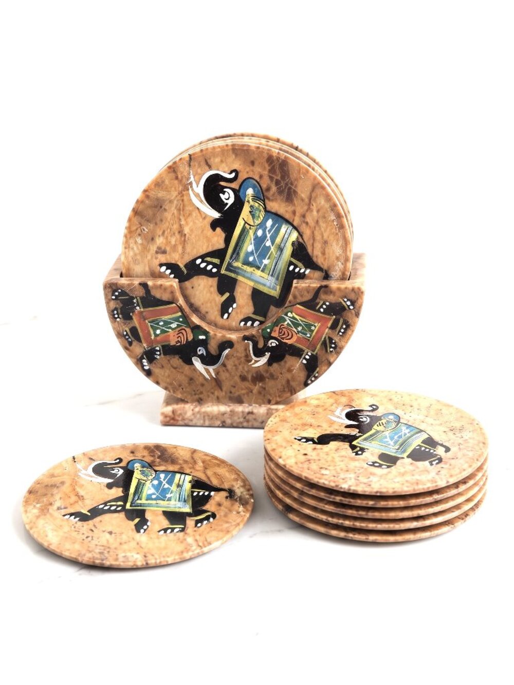 Vintage India Soapstone Elephant Coasters Set 6 Hand Painted Holder Boho Decor
